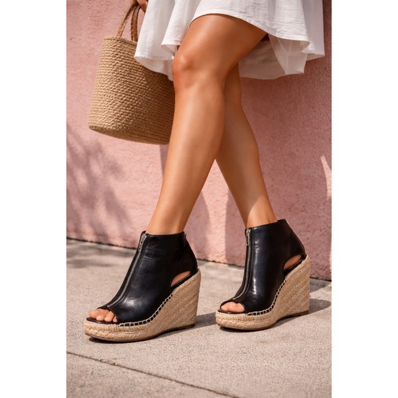 Celine Shoes - Celine Leather Espadrille Wedge Sandals Womens 7 Black Good Front Zip Peep Toe